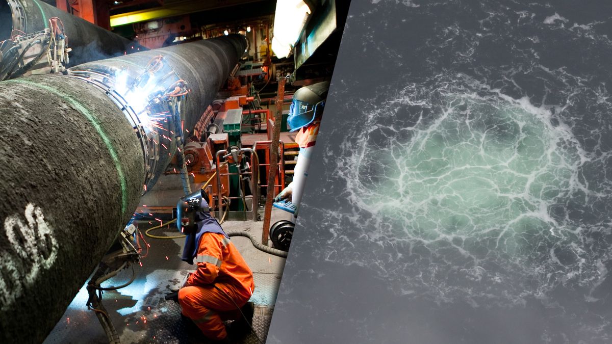 Po lewej: prace podczas budowy gazociągu Nord Stream AG na Morzu Bałtyckim. Po prawej: uwolniony gaz po naruszeniu gazociągu Nord Stream 2