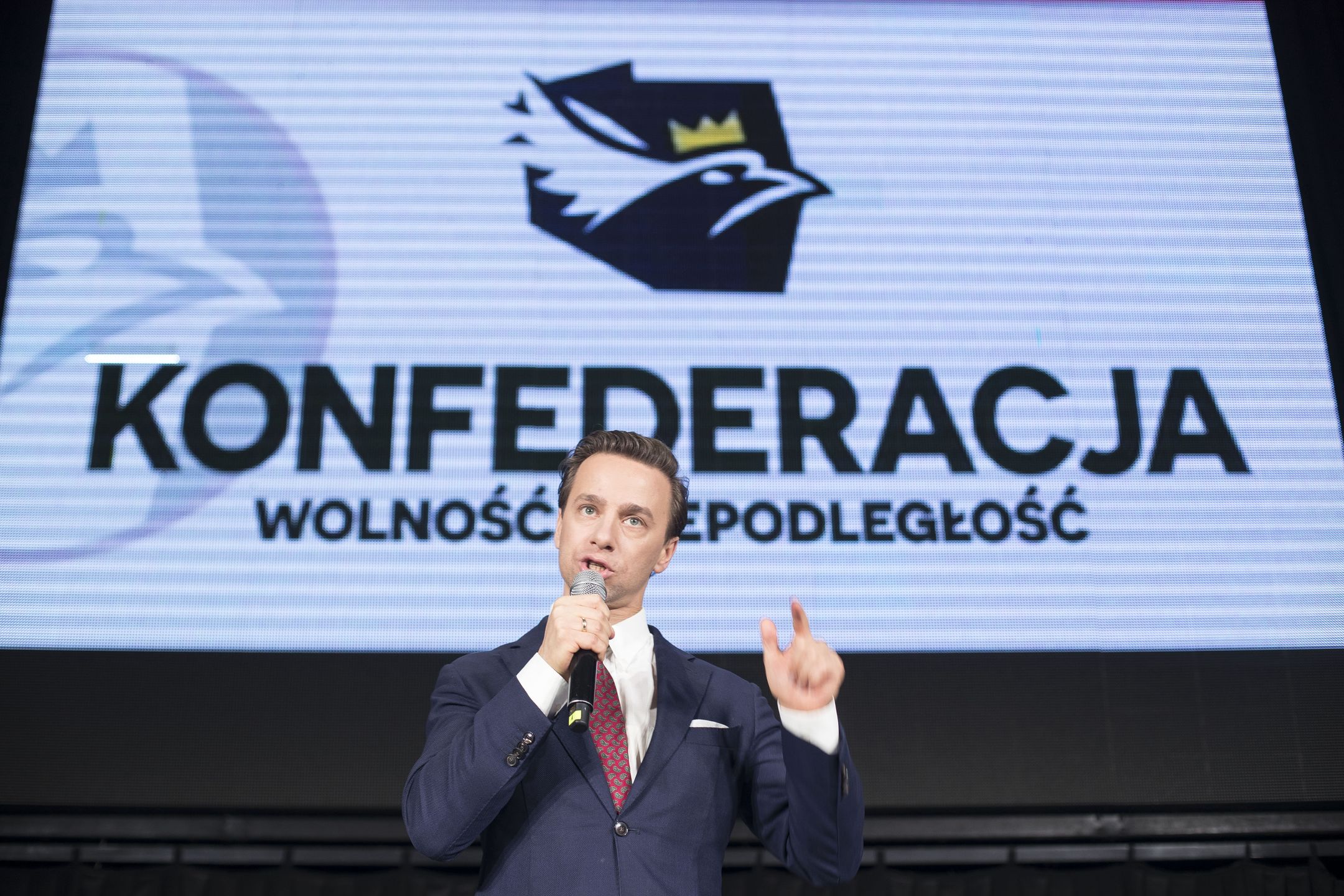 Krzysztof Bosak seen during Election night of Konfederacja (Confederation) party in Warsaw on October 15, 2023. (Photo by Maciej Luczniewski/NurPhoto via Getty Images)