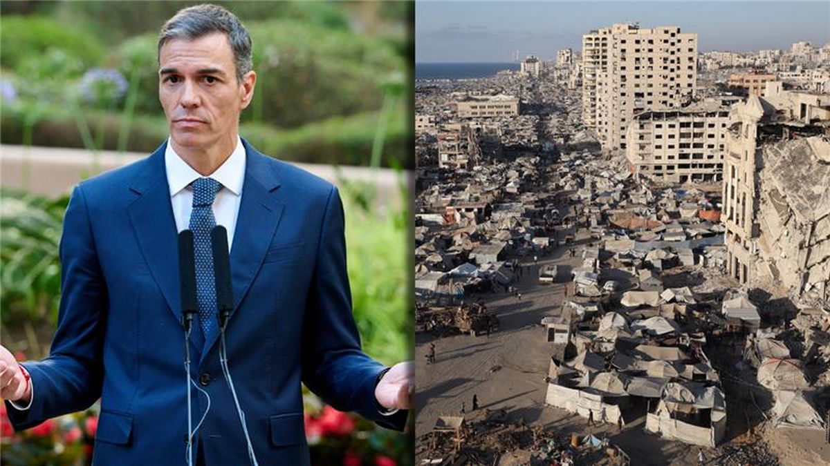 Po lewej Pedro Sanchez, po prawej zniszczenia w Strefie Gazy