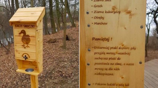 Wrocław. Koło kaczkomatu umieszczona jest często instrukcja, czym karmić wodne ptaki. Nie wolno im dawać chleba, bo to im szkodzi
