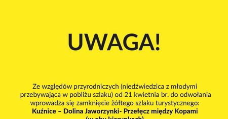 Żółty szlak turystyczny z Kuźnic do Doliny Gąsienicowej zostaje zamknięty