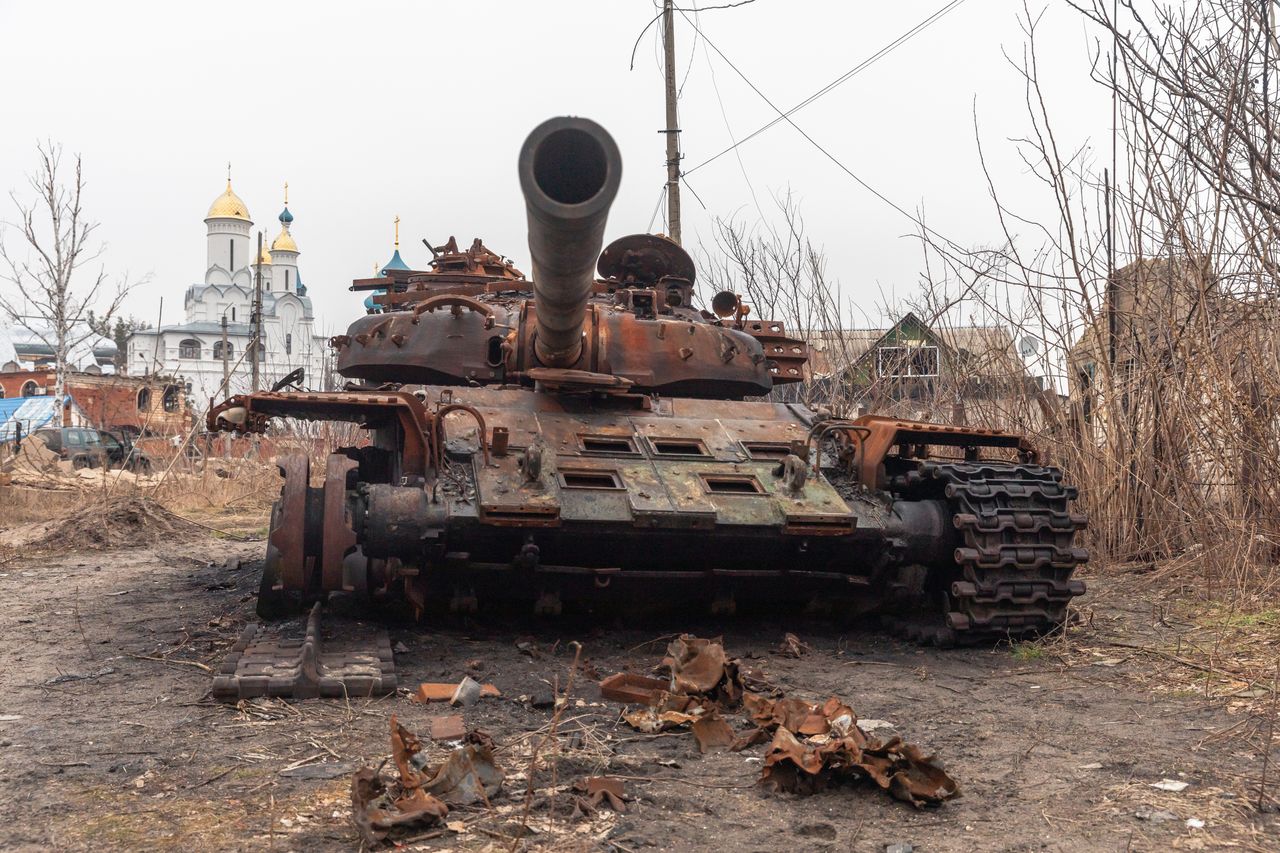 The wreck of a Russian tank somewhere in Ukraine.