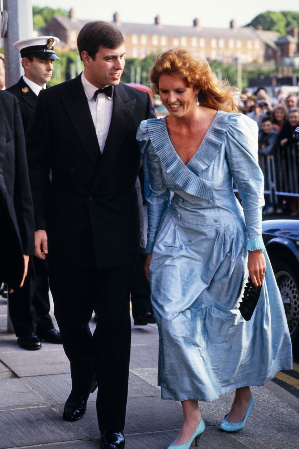 WEYMOUTH - JUNE 7: Prince Andrew and Sarah, Duchess of York arriving at the Pavilion Theatre in Weymouth, Dorset on June 7, 1986 for a gala in aid of King Georges Fund for Sailors. (Photo by David Levenson/Getty Images)