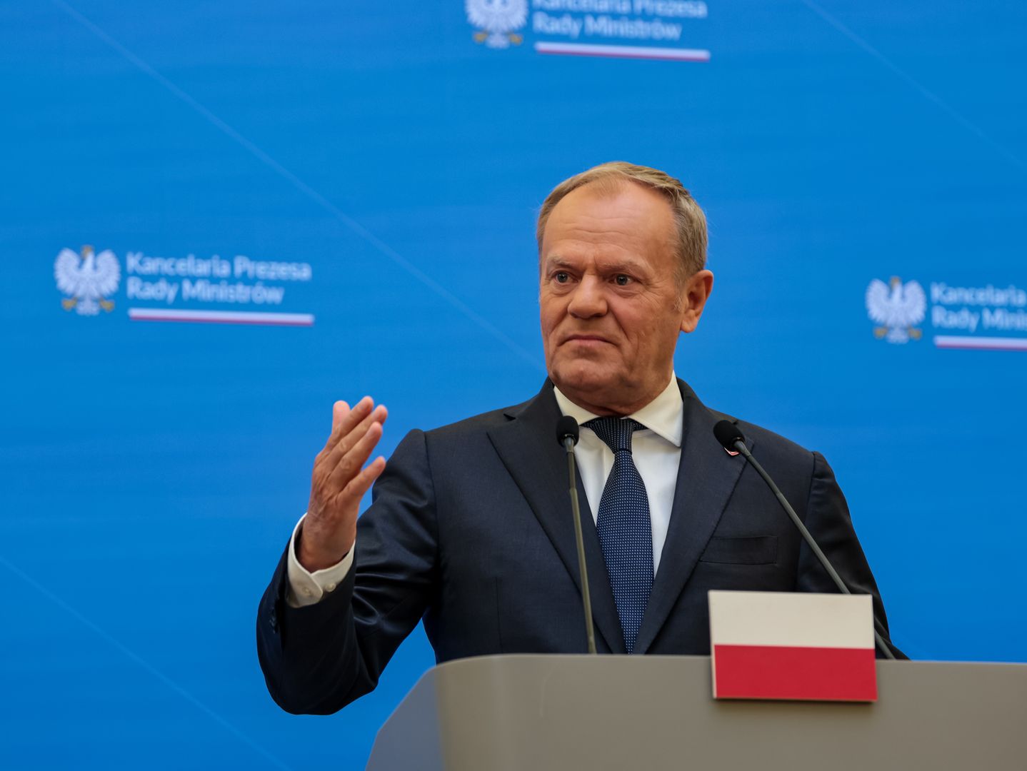 WARSAW, MAZOWIECKIE, POLAND - 2025/04/28: Prime Minister of Poland, Donald Tusk, and Energy Secretary of the USA seen at a joint press conference during bilateral meeting in the Polish Prime Minister's Chancellery on Ujazdowska Street in Warsaw. The representatives discuss possibilities of cooperation on nuclear energy and gas and observe signing of the contract Engineering Development Agreement between Westinghouse-Bechtel regarding new nuclear plant investment in Poland. (Photo by Dominika Zarzycka/SOPA Images/LightRocket via Getty Images)