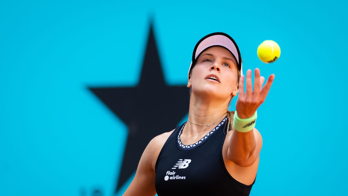 MADRID, SPAIN - APRIL 25: Eugenie Bouchard of Canada in action against Elizabeth Mandlik of the United States during the second round of qualifications on Day Two of the Mutua Madrid Open at La Caja Magica on April 25, 2023 in Madrid, Spain (Photo by Robert Prange/Getty Images)