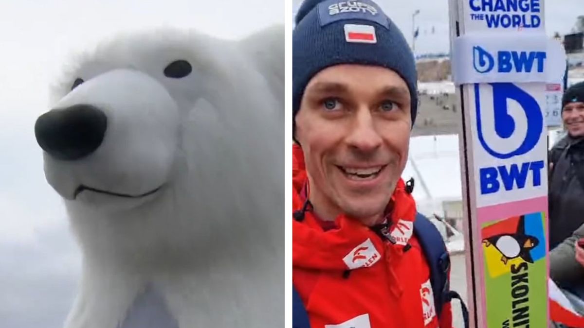 Na zdjęciu: biały miś i Piotr Żyła