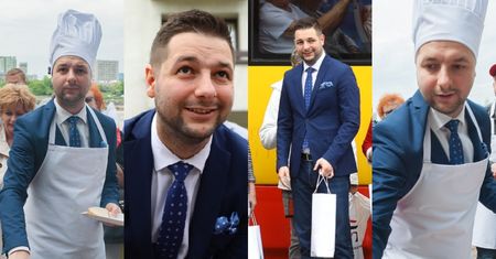 Patryk Jaki w czapie kucharza częstuje swoją kiełbasą wyborczą w Warszawie (ZDJĘCIA)