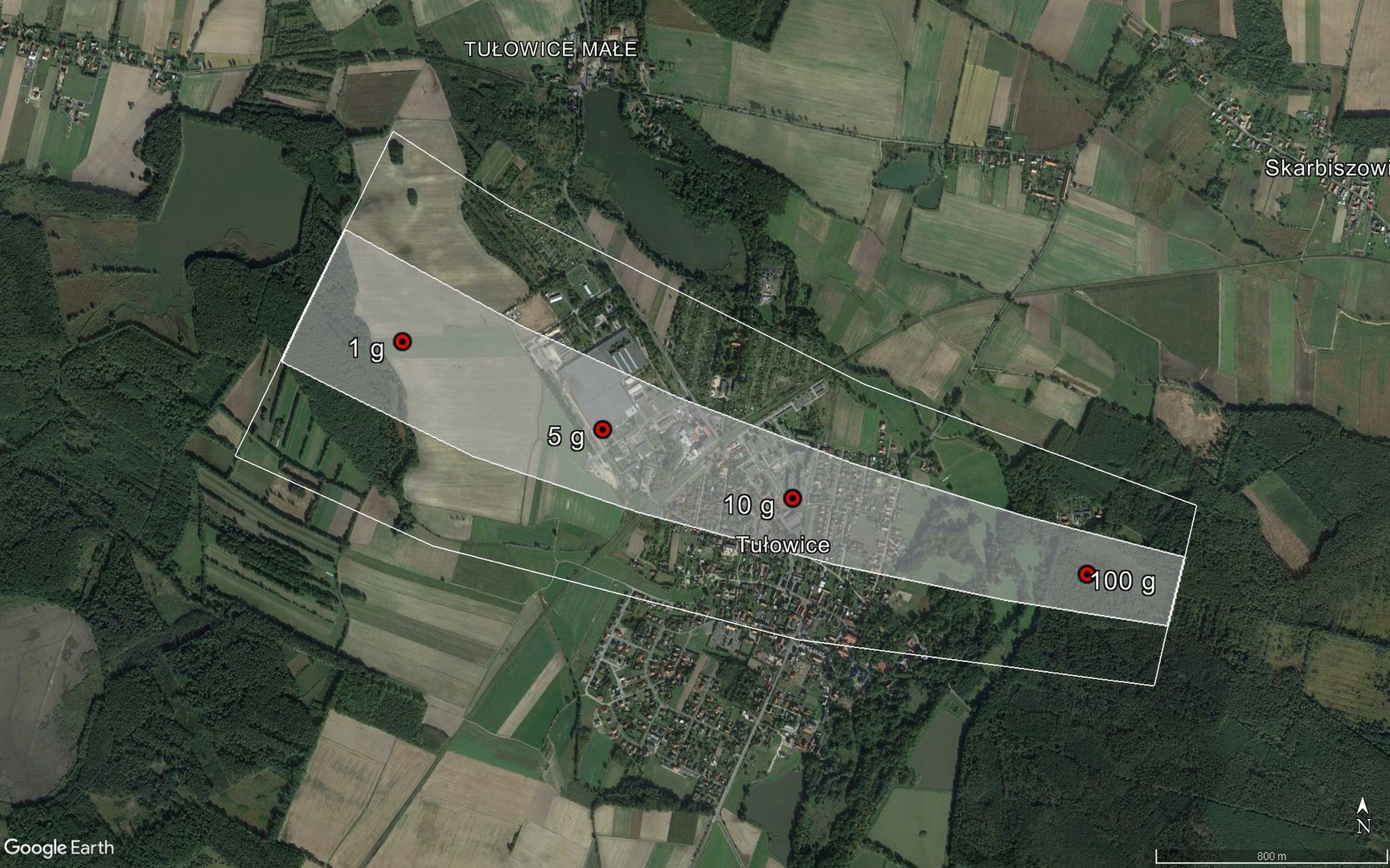 Prawdopodobny obszar spadku opracowany przez Skytinel