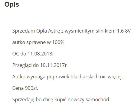 Opis taniego samochodu w ogłoszeniu. Tu i tak w mocno rozbudowanej wersji