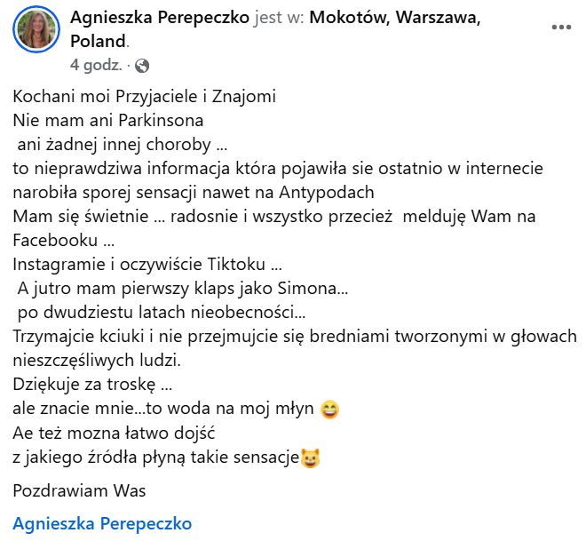 Agnieszka Fitkau-Perepeczko dementuje plotki o Parkinsonie