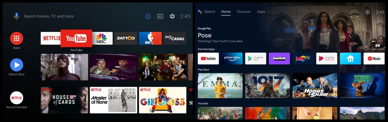 Lewo: stary wygląd Android TV, prawo: nowy wygląd wzorowany na Google TV