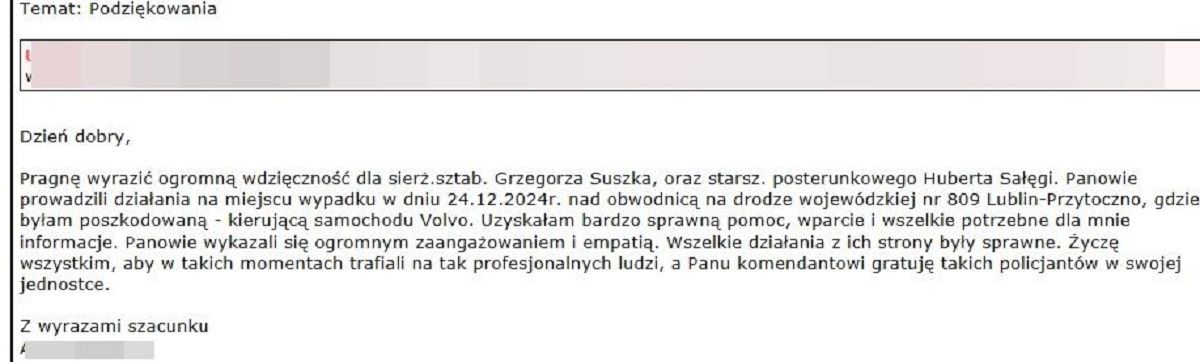 Oficjalne podziękowania dla lubelskiej policji