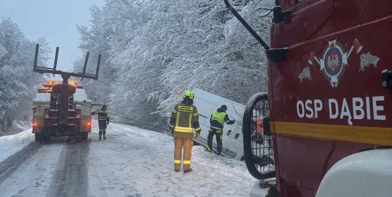 Dąbie: Mokry śnieg łamiący drzewa i śliskie drogi. Strażacy z powiatu z wezwaniami [FOTO]