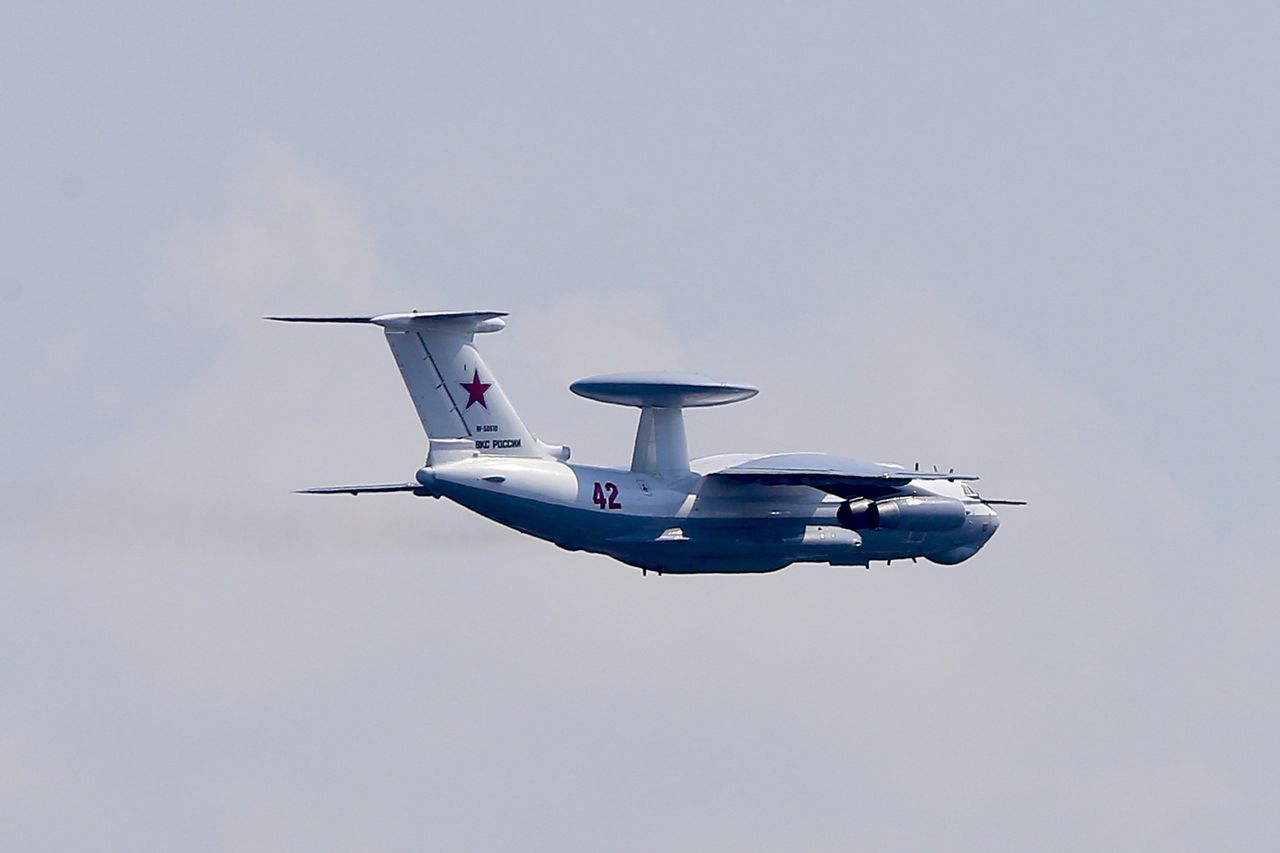 MOSCOW, RUSSIA - JUNE 20:  Airborne early warning and control (AEW&C) aircraft Beriev A-50 Shmel Ilyushin Il-76  takes part in rehearsal for 2020 Victory Day parade, in Moscow's Tverskaya Street, Russia on June 20, 2020. Russia is preparing for a military parade on June 24 to mark the 75th anniversary of the victory in World War II. Russia reported more recoveries than coronavirus cases for the fifth day in a row on Saturday. According to daily figures released by the countryâs emergency team, 7,889 people tested positive for COVID-19 over the past 24 hours, while 10,186 patients were discharged from hospitals across Russia. (Photo by Sefa Karacan/Anadolu Agency via Getty Images)