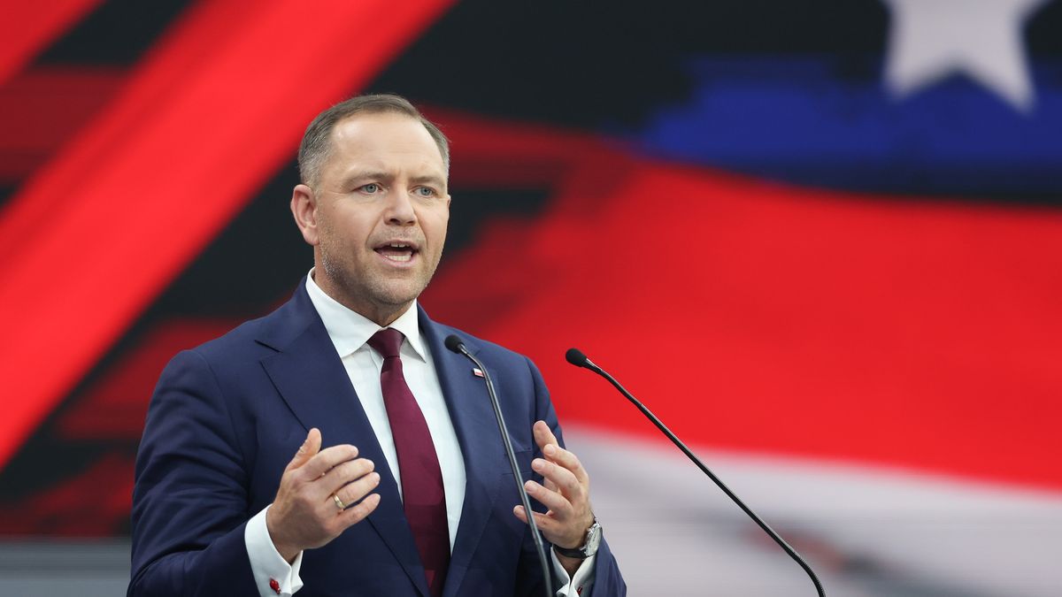 RZESZOW, POLAND - 2025/05/27: Karol Nawrocki, President of the Institute of National Remembrance (IPN) and presidential candidate, is seen during the CPAC Poland 2025 conference. The Conservative Political Action Conference (CPAC) took place in Jasionka near Rzeszow, Poland. (Photo by Grzegorz Wajda/SOPA Images/LightRocket via Getty Images)