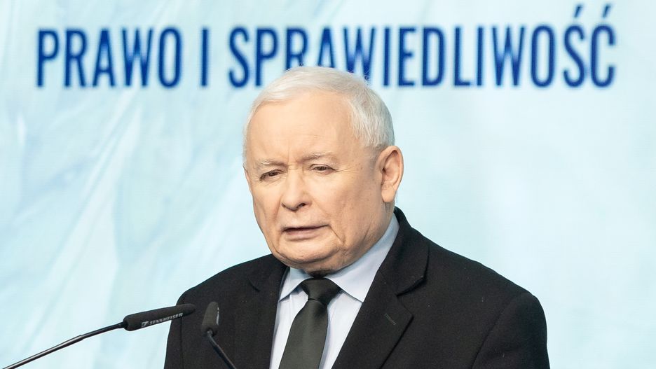 Jaroslaw Kaczynski, the leader of the Law and Justice party (PiS), is speaking during a press conference in Warsaw, Poland, on January 22, 2024. (Photo by Foto Olimpik/NurPhoto via Getty Images)