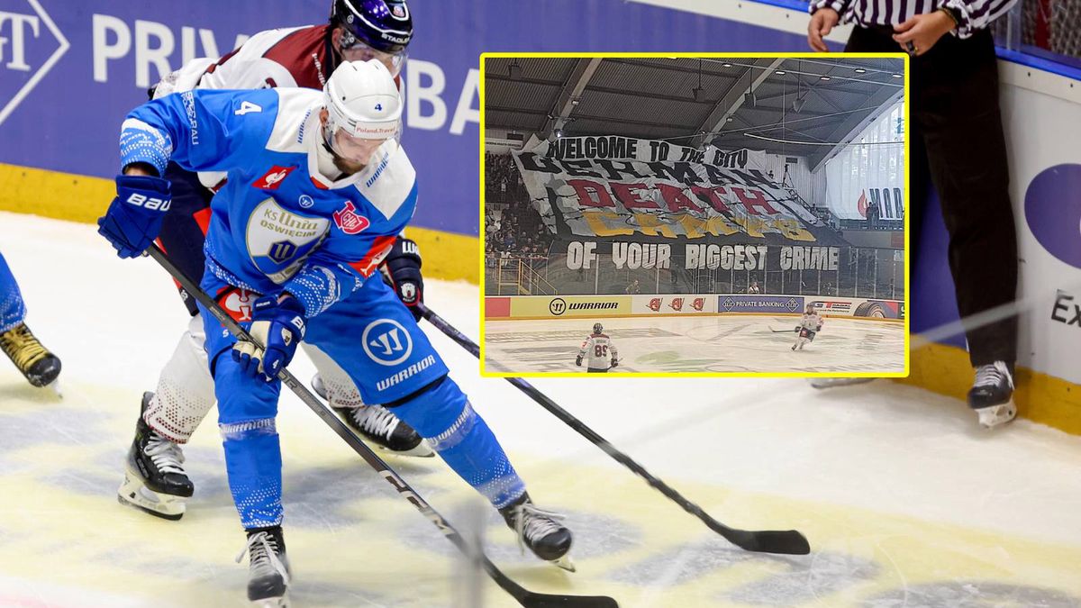 PAP / Michał Meissner / Michał Konarski/X / mecz Unia Oświęcim - Eisbaren / transparent kibiców Unii Oświęcim