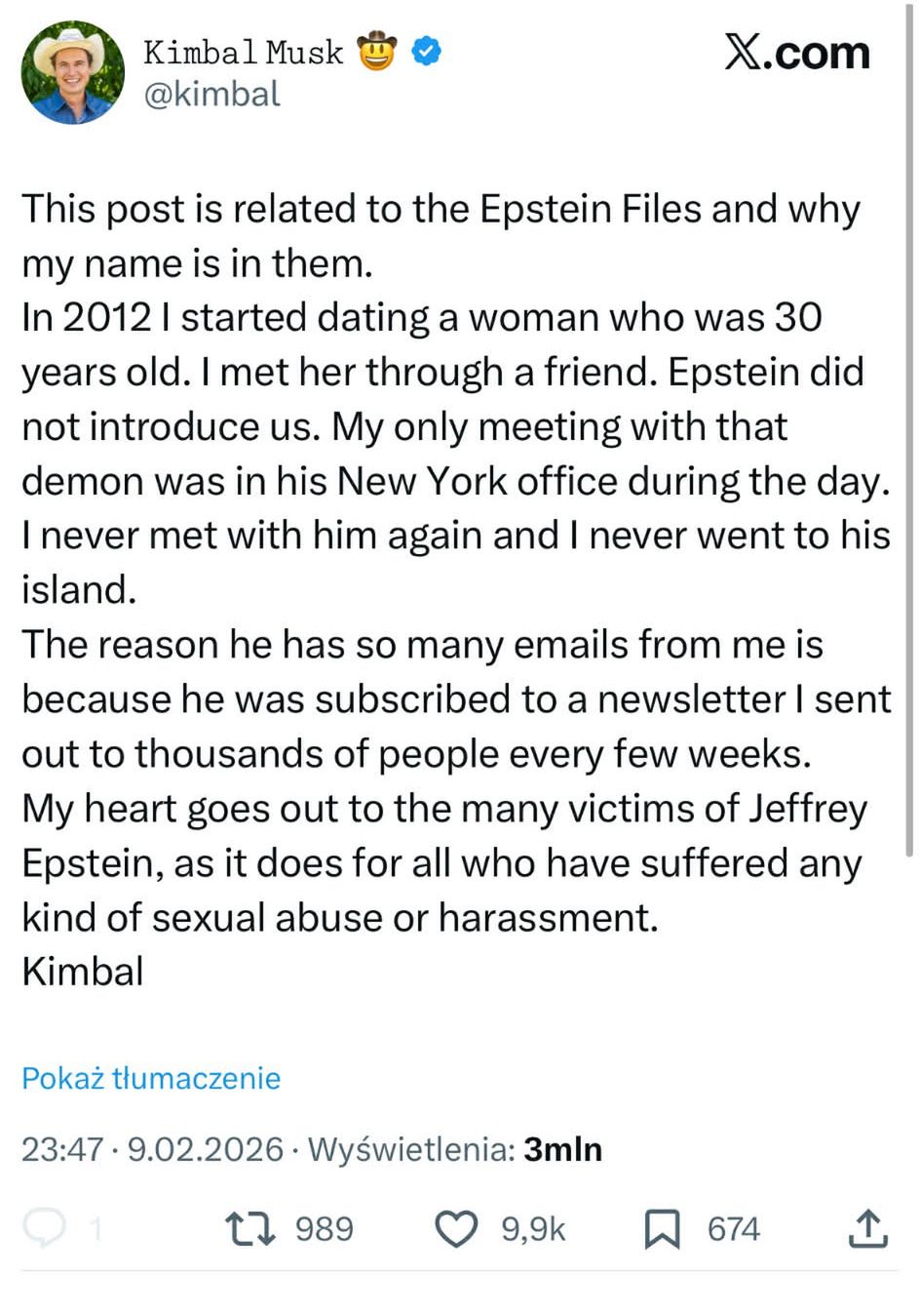 Kimbal Musk wypiera się powiązań z Jeffreyem Epsteinem