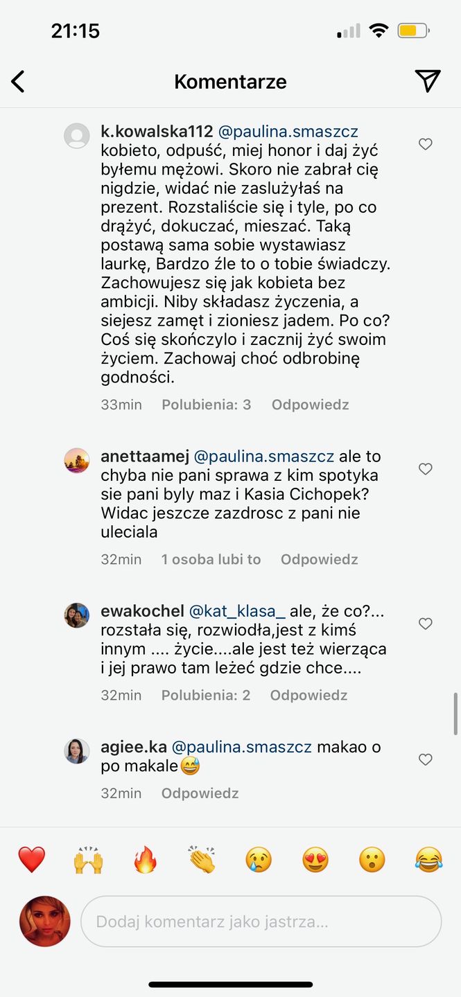 Komentarze pod wpisem Pauliny Smaszcz o związku Kasi Cichopek i Macieja Kurzajewskiego