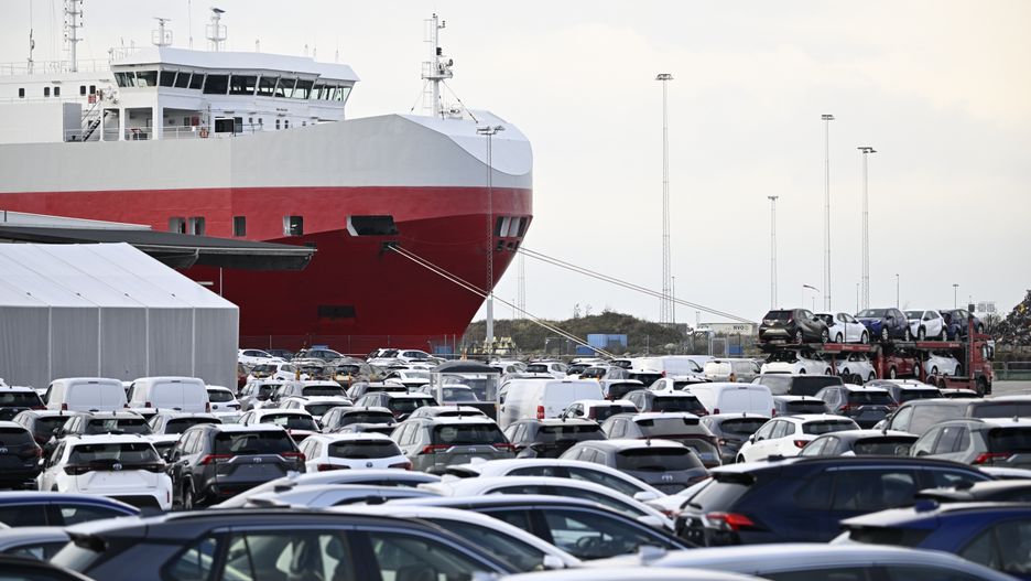 Port workers block the loading of vehicles of US electric car giant in the port of Malmo, Sweden, 07 November 2023. IF Metall's Tesla strike began last week. The company's ten service facilities around the country are on strike, as are around 20 workshops. Mechanics in Sweden are striking for a collective labor agreement. EPA/Johan Nilsson SWEDEN OUT Dostawca: PAP/EPA.
