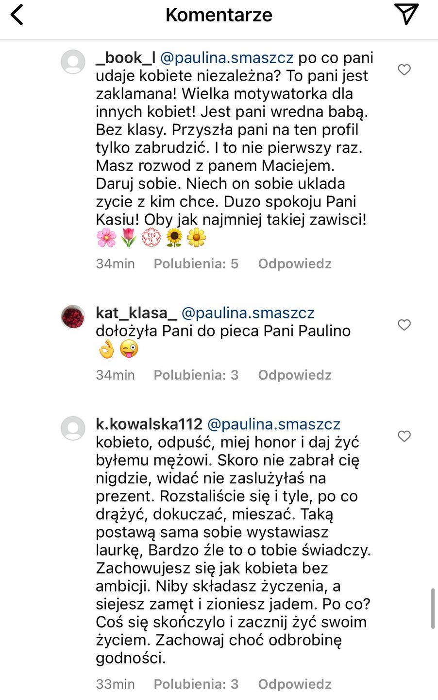 Internauci komentują wpis Pauliny Smaszcz
