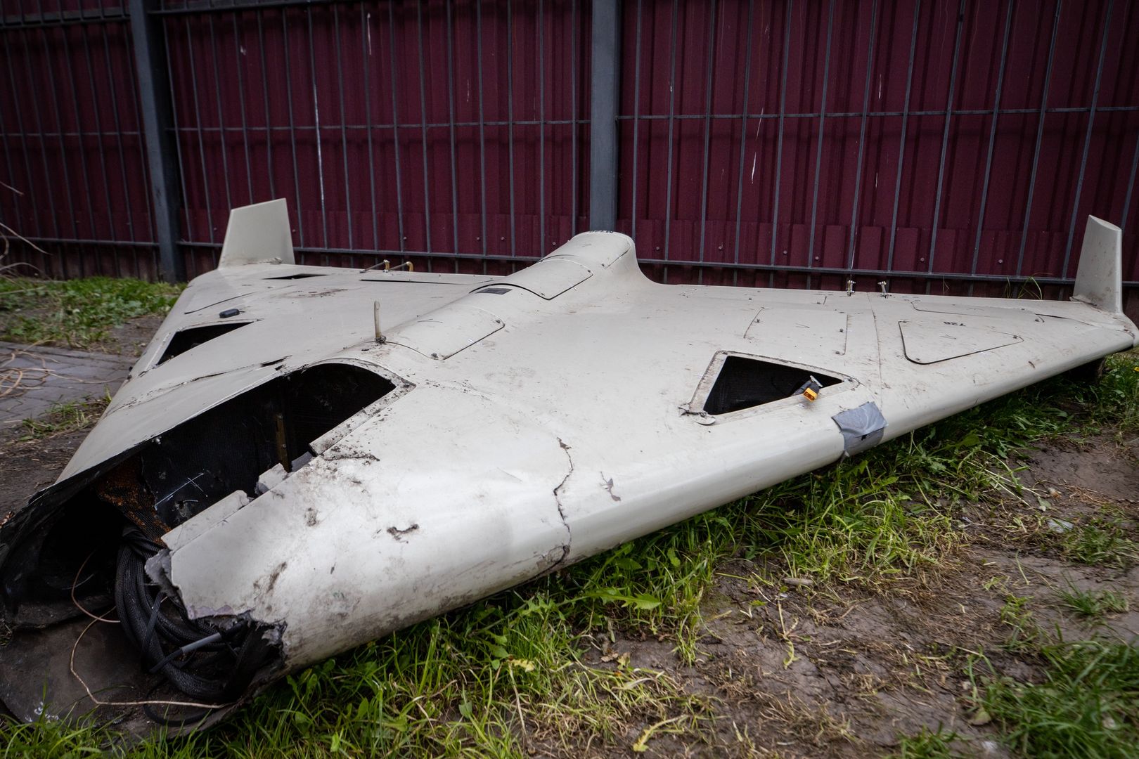KYIV, UKRAINE – MAY 12: Remain of Shahed 136 at an exhibition showing remains of missiles and drones that Russia used to attack Kyiv on May 12, 2023 in Kyiv,  Ukraine. Fragments of various types of weapons are currently being studied at the Kyiv Scientific Research Institute of Forensic Expertise. The institute submits the results to the International Criminal Court. Separate groups of foreign specialists work here together with Ukrainian experts. (Photo by Oleksii Samsonov /Global Images Ukraine via Getty Images)
