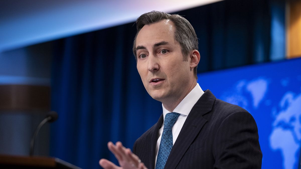 WASHINGTON D.C., UNITED STATES - MARCH 25: U.S. State Department Spokesperson Matthew Miller speaks to reporters during a press briefing at the State Department in Washington DC on United States, March 25, 2024. (Photo by Mostafa Bassim/Anadolu via Getty Images)
