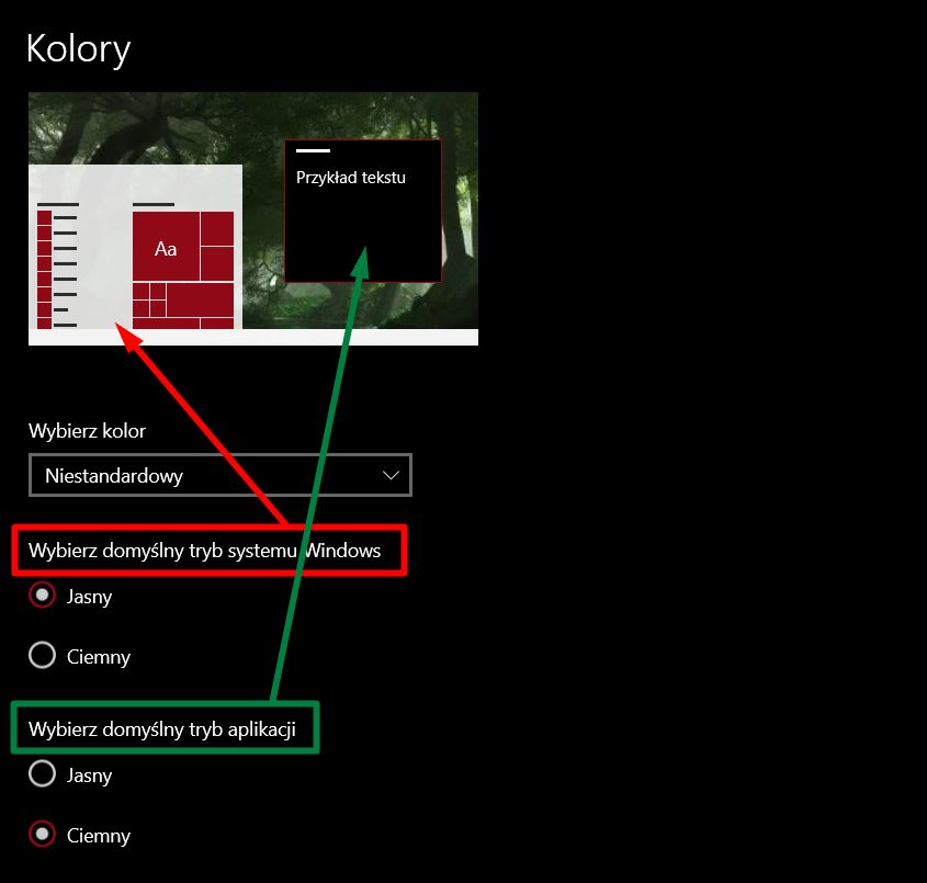 Niestandardowe ustawienia kolorów pozwalają niezależnie decydować o aplikacjach i trybie systemu.