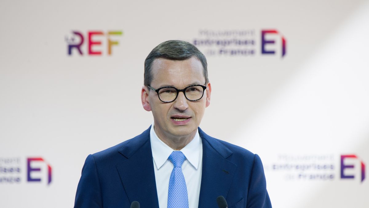 Mateusz Morawiecki, Poland's prime minister, speaks during the opening day of LaREF22 in Paris, France, on Monday, Aug. 29, 2022. The 'entrepeneurs' conference that brings together more than 150 speakers and 30 debates runs through Aug. 30. Photographer: Nathan Laine/Bloomberg via Getty Images
