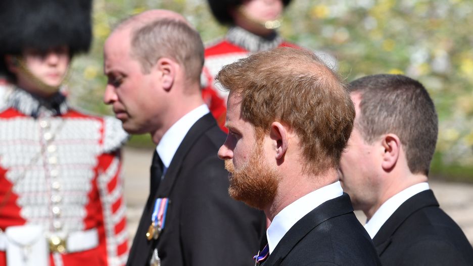 The Funeral Of Prince Philip, Duke Of Edinburgh Is Held In Windsor
WINDSOR, ENGLAND - APRIL 17: Prince William, Duke of Cambridge; Prince Harry, Duke of Sussex and Peter Phillips walk behind Prince Philip, Duke of Edinburgh's coffin, carried by a Land rover hearse, in a procession during the funeral of Prince Philip, Duke of Edinburgh at Windsor Castle on April 17, 2021 in Windsor, United Kingdom. Prince Philip of Greece and Denmark was born 10 June 1921, in Greece. He served in the British Royal Navy and fought in WWII. He married the then Princess Elizabeth on 20 November 1947 and was created Duke of Edinburgh, Earl of Merioneth, and Baron Greenwich by King VI. He served as Prince Consort to Queen Elizabeth II until his death on April 9 2021, months short of his 100th birthday. His funeral takes place today at Windsor Castle with only 30 guests invited due to Coronavirus pandemic restrictions. (Photo by Mark Large-WPA Pool/Getty Images)
WPA Pool
royal family, windsor castle, funerals, st. george, prince philip, duke of edinburgh, phillip