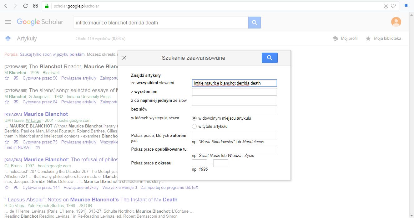 Okno wyszukiwania zaawansowanego. Widoczna zaznaczona opcja wyszukiwania w dowolnym miejscu artykułu.