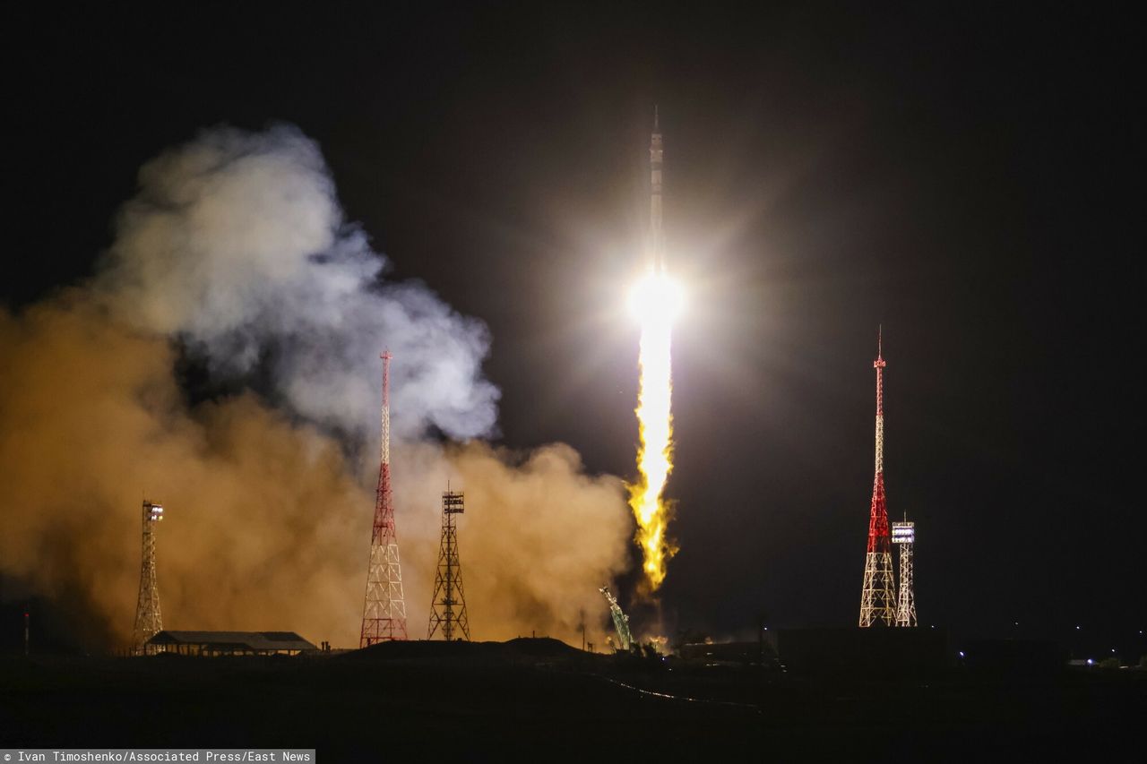 Launch of the Russian Soyuz rocket from the Baikonur Cosmodrome in Kazakhstan