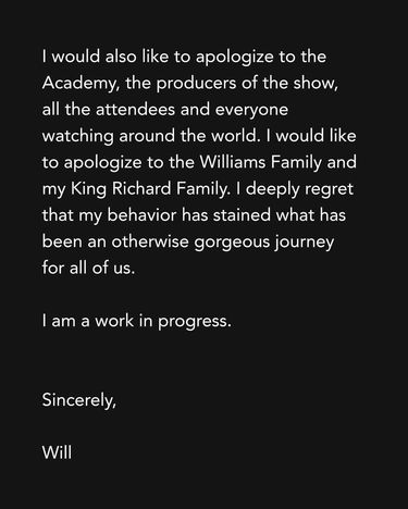 Will Smith  - przeprasza po Oscarach 2022, oświadczenie