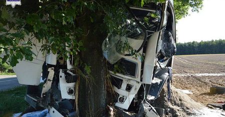 Kierowca TIR-a zjechał z drogi i uderzył w drzewo. Przyczyną pęknięta opona