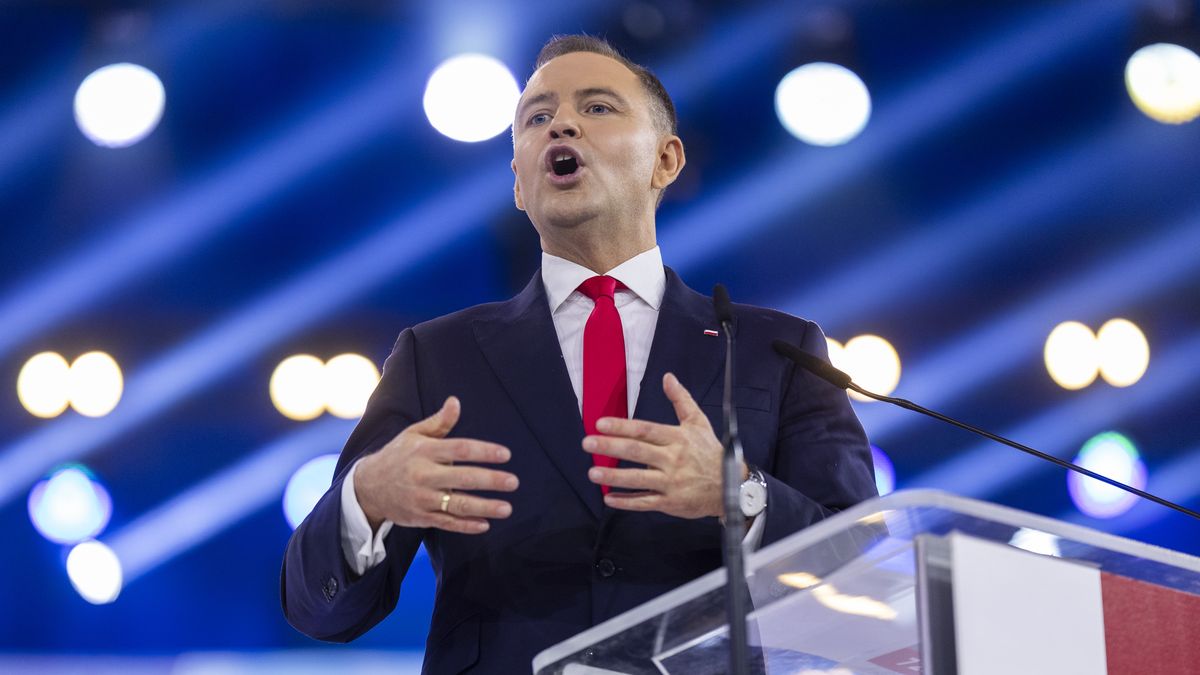 Karol Nawrocki, candidate for President of Poland supported by the Law and Justice party, at the programme conference in Warsaw, Poland, on March 2, 2025. (Photo by Andrzej Iwanczuk/NurPhoto via Getty Images)