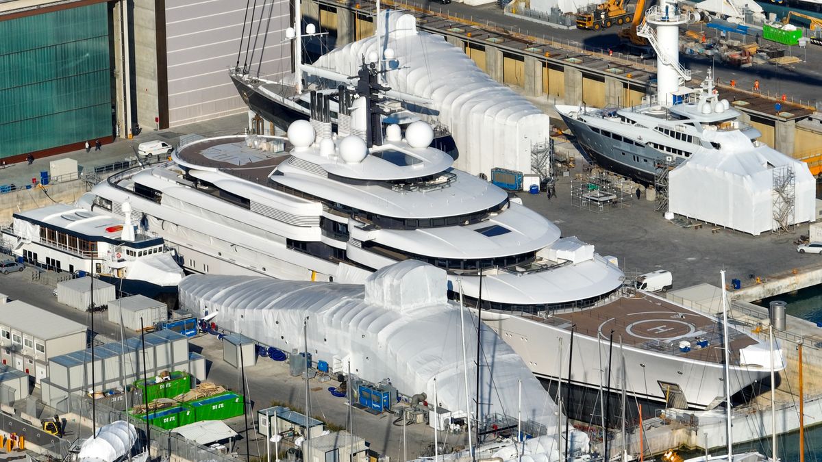 The Scheherazade 459-foot superyacht docked at the shipyard in Marina Di Carrara, Italy, on Wednesday, March 23, 2022. Italian police are investigating the ownership of the yacht which Russian opposition Alexey Navalny's research team concluded must belong to Russia's President Vladimir Putin or some of his closest aides, the New York Times reported. Photographer: Francesco Mazzei/Bloomberg via Getty Images