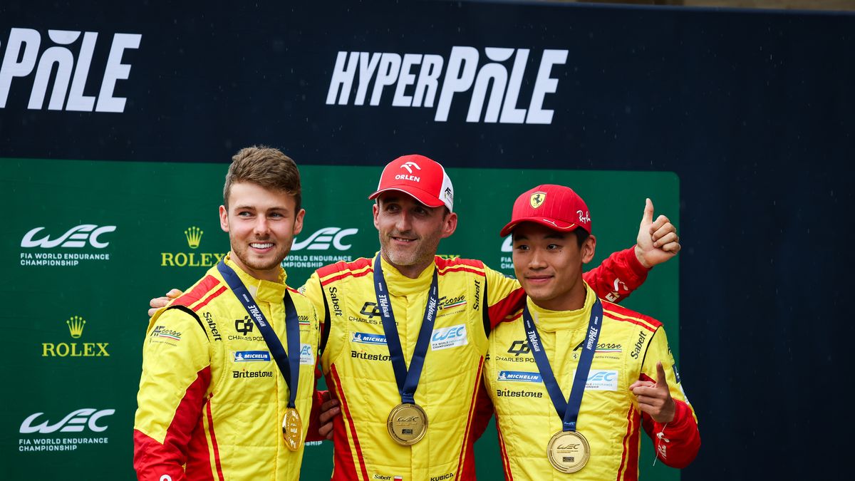 AUSTIN, TEXAS - SEPTEMBER 06: The #83 AF Corse Ferrari drivers Philip Hanson, Robert Kubica, and Yifei Ye, celebrate Hypercar pole position in Hyperpole qualifying parc ferme for the Lone Star Le Mans WEC race at the Circuit of The Americas on September 06, 2025 in Austin, Texas. (Photo by James Moy Photography/Getty Images)