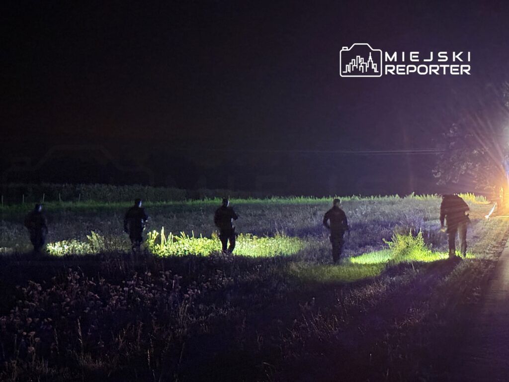 Grupa funkcjonariuszy patroluje teren w nocy, oświetlając okolicę latarkami. W tle widoczne są zarośla oraz droga. Akcja ma na celu zapewnienie bezpieczeństwa w regionie. Obraz ilustruje działania służb mundurowych w trudnych warunkach oświetleniowych.