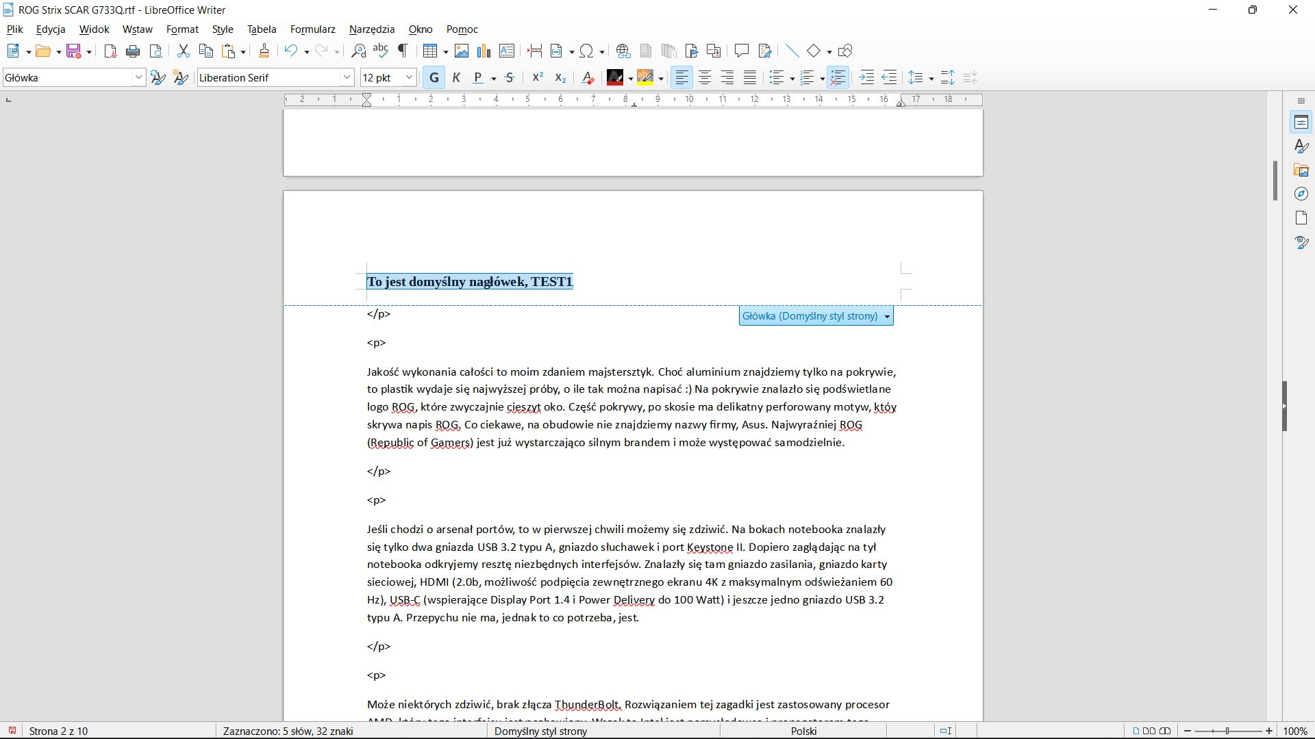 Wystarczą dwa kliknięcia, aby nagłówek został dodany.