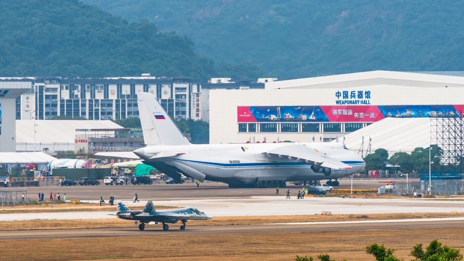 ZHUHAI, CHINA - NOVEMBER 04: A Russia's Sukhoi Su-57 stealth fighter jet and Antonov An-124 transport aircraft arrive at Zhuhai Jinwan Airport for the 15th China International Aviation and Aerospace Exhibition, or Airshow China 2024, on November 4, 2024 in Zhuhai, Guangdong Province of China. The 15th China International Aviation and Aerospace Exhibition will be held in Zhuhai from November 12 to 17. (Photo by Chen Shuoming/VCG via Getty Images)