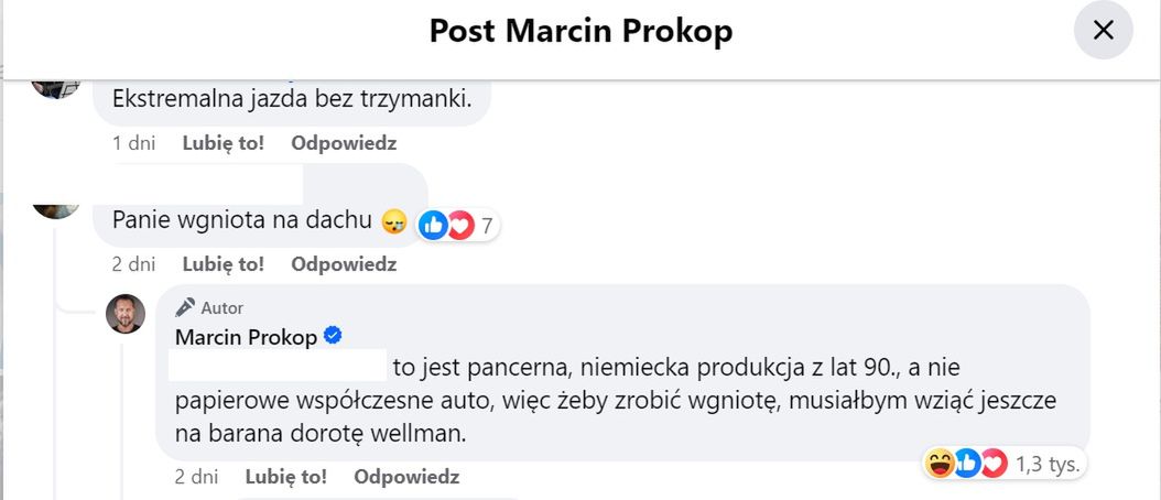 Komentarz pod postem Marcina Prokopa. Wzmianka o Wellman