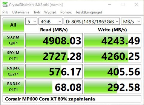 Po zapełnieniu dysku powyższy wynik udało się osiągnąć po resecie PC.