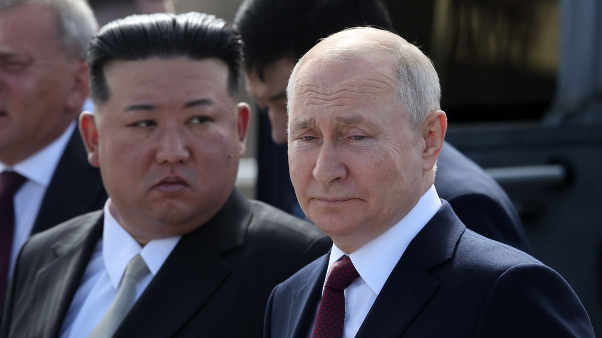 Vladimir Putin And Kim Jong-un Visit Russia's Far Eastern Spaceport Vostochny Cosmodrome
TSIOLKOVSKY, RUSSIA - SEPTEMBER 13: (RUSSIA OUT) Russian President Vladimir Putin (R) and North Korean leader Kim Jong-un (L) visit a construction site of the Angara rocket launch complex on September 13, 2023 in Tsiolkovsky, Russia. North Korean leader Kim Jong-un is in Russia for talks with Russian President Putin. (Photo by Contributor/Getty Images)
Contributor