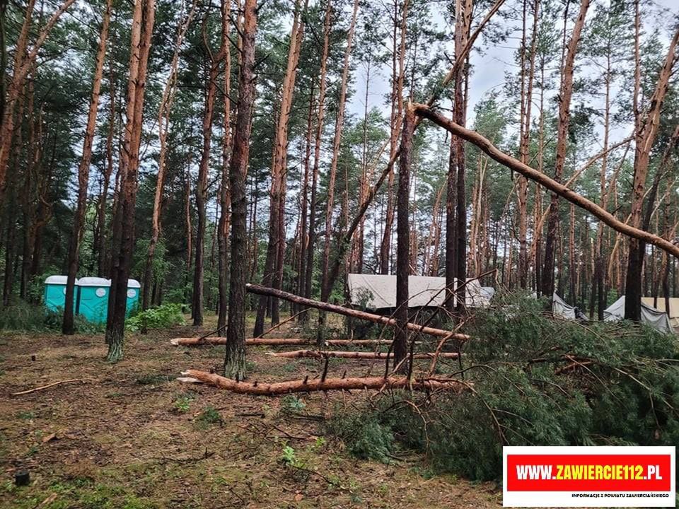 Połamane gałęzie i przewrócone drzewa na terenie obozu w Kostkowicach