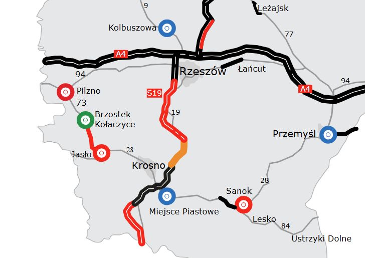 Odcinek S19 Domaradz-Iskrzynia na mapie (kolor pomarańczowy)