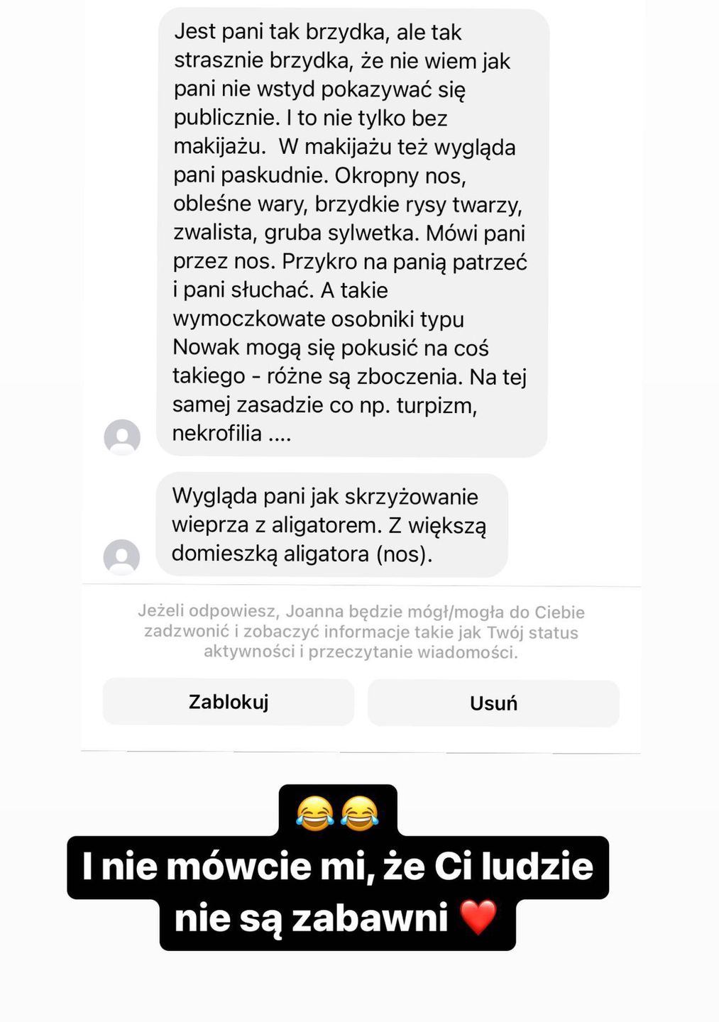 Karolina Pajączkowska odpowiada na obraźliwy komentarz