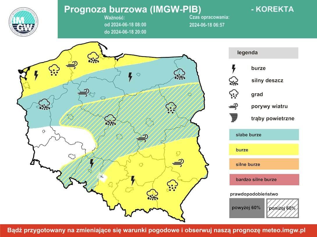 Prognoza burzowa IMGW na wtorek, 18 czerwca 2024