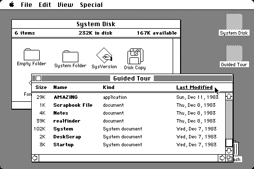 Pierwsza próba Apple z Mac OS. Przynajmniej można było nałożyć okienko na okienko