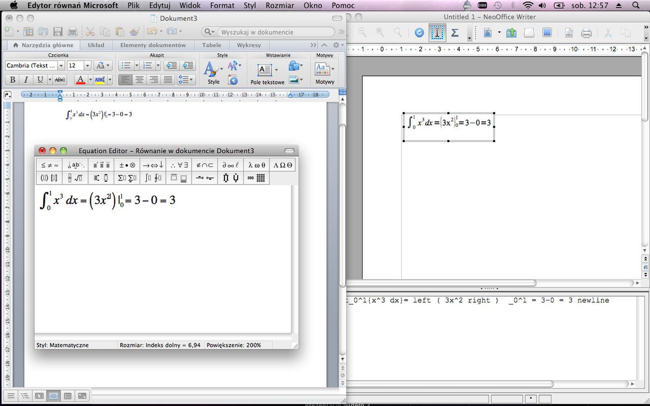Equation Editor po lewej, NeoOffice po prawej