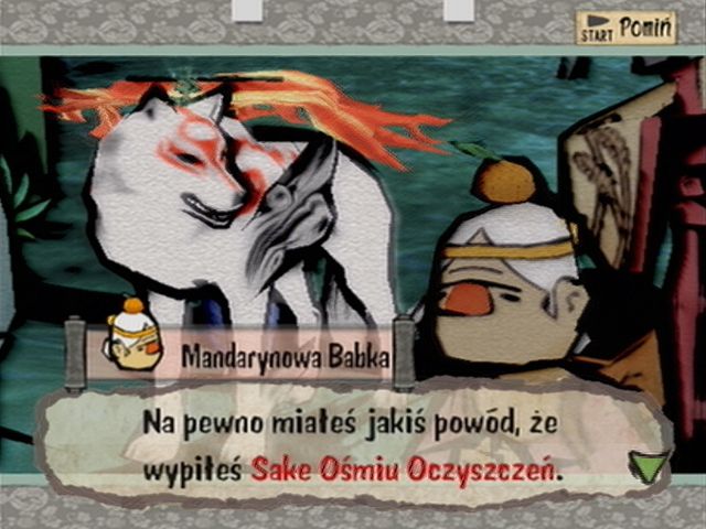 Zrzut ekranu, przechwycony przez kartę wideo (czyli już ze znacznym spadkiem jakości) w oryginalnej rozdzielczości gry „Okami” na PlayStation 2.
